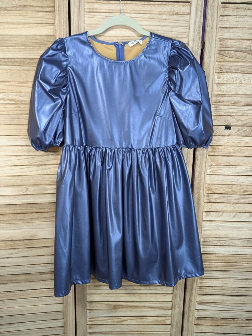 Day + Moon Metallic Puff-Sleeve Mini Party Dress Blue Size Small